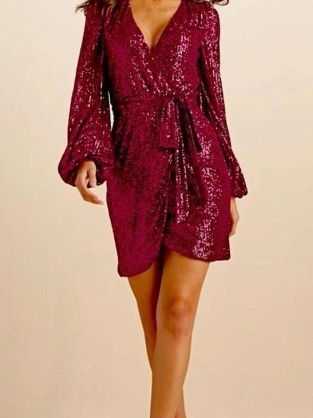 VENUS Burgundy Sequin Wrap Mini Dress with Long Sleeves